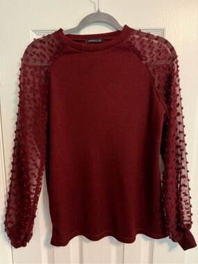 Miholl Top Long Sheer Sleeves Pom Poms Red Wine Size S